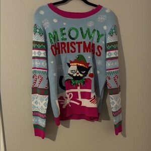 No Boundaries Meowy Christmas Sweater - Light Blue and Green